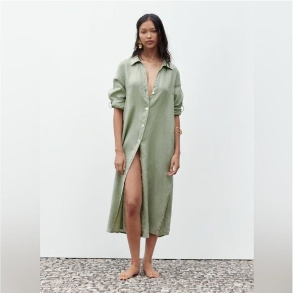 Zara 100% Linen Shirt Dress Long Sleeve Khaki Green Button Front - Picture 3 of 16